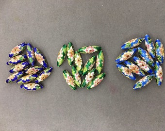 9x25mm Oval Shaped Cloisonné bead, ( 6  pcs) Blue/Green/Lighter Blue