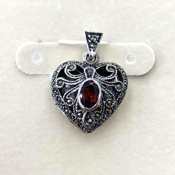 Marcasite Heart Shape locket  17mm with Garnet , Sterling Silver Heart