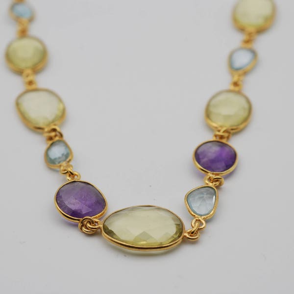 Lemon Quartz, Amethyst and Blue Topaz with Gold over Silver Bezel 17",  40"