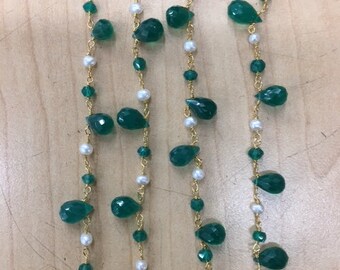 Green Onyx  Small Drop  on Gold chain, Aquamarine  Small drops with Pearls, Peridot Small Drops with Pearls
