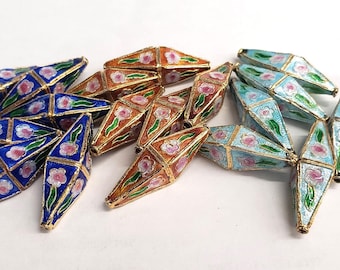 9x32mm Diamond / Double-cone shaped Cloisonne Beads in Light Blue/Orange/Royal Blue (Sold by 6 Pieces) **NEW TEAL COLOR**