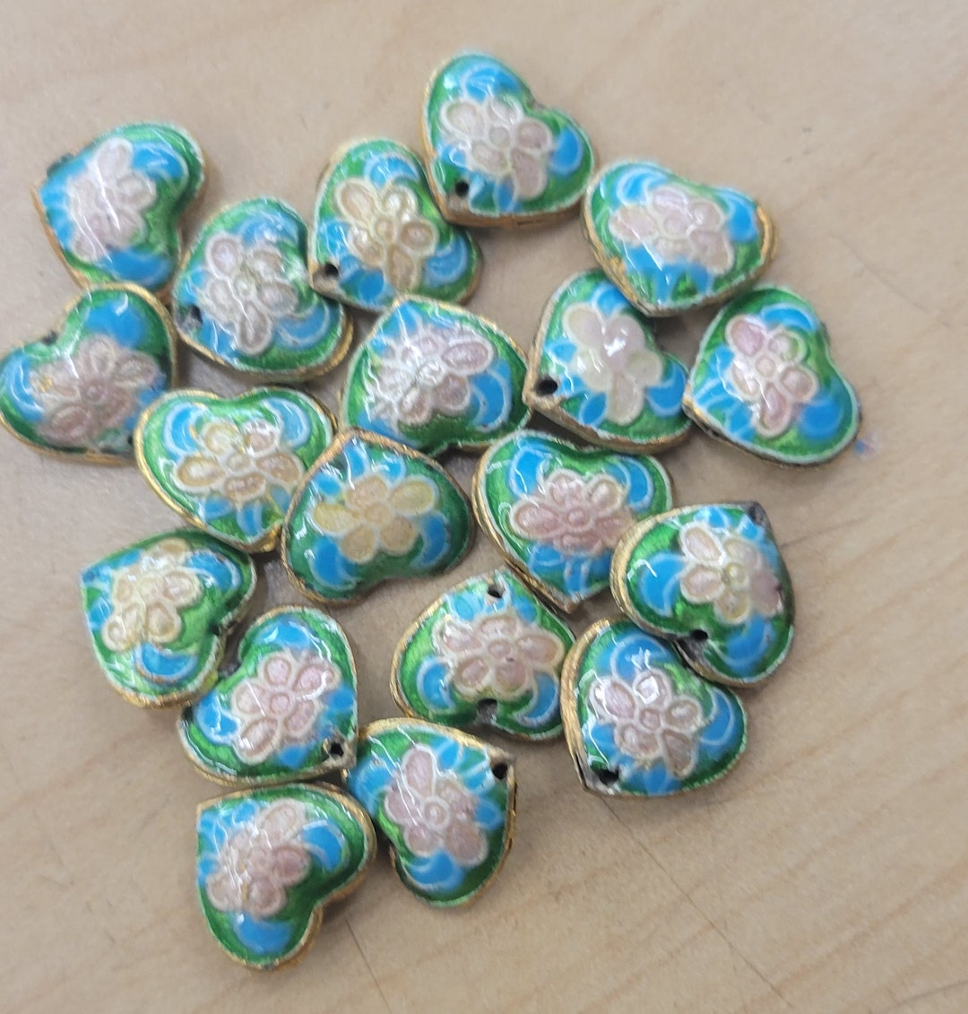 5 Handmade Cloisonne Heart Beads - 13-14x16x8mm, Hole 1.5mm, For DIY Jewelry