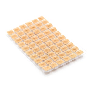 May include: A sheet of clear plastic with 49 small, beige, round, adhesive patches with a raised center. The patches are arranged in a grid pattern.