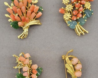 Natural Pink Coral and Jade Leaves Brooches