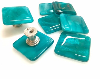 Peacock Blue & White Fused Art Glass Cabinet Pull or Drawer Knob Square 1.5 »