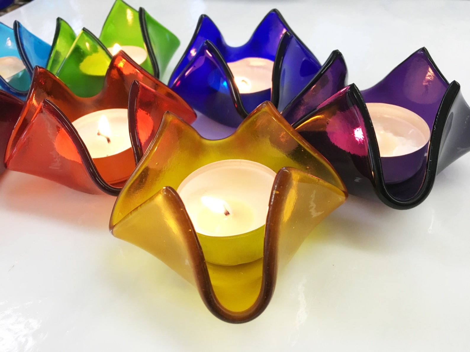 Rainbow Fused Glass Candle Holders Set of 7 Chakra Colors Etsy