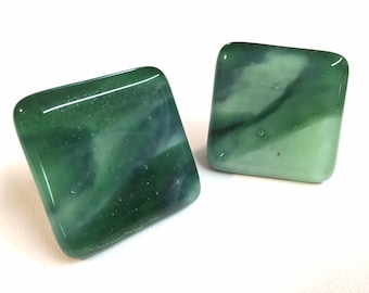 Forest, Mint & Aventurine Green square Fused Art Glass Cabinet Pull or Drawer Knob 1 1/2”