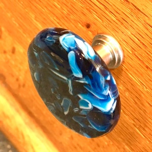 Marbled Copper Blue & White Fused Art Glass Cabinet Pull or Drawer Knob 1.5&quot;