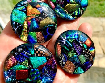 Dichroic Mosaic Fused Art Glass Cabinet Pulls or Drawer Knobs Round