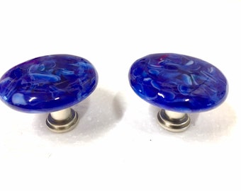 Marbled Caribbean Blue & White Fused Art Glass Cabinet Pull or Drawer Knob 1.5"