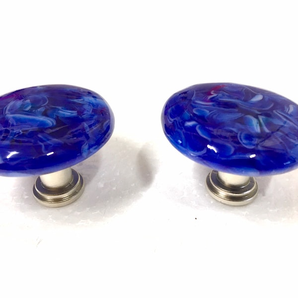 Marbled Caribbean Blue & White Fused Art Glass Cabinet Pull or Drawer Knob 1.5"