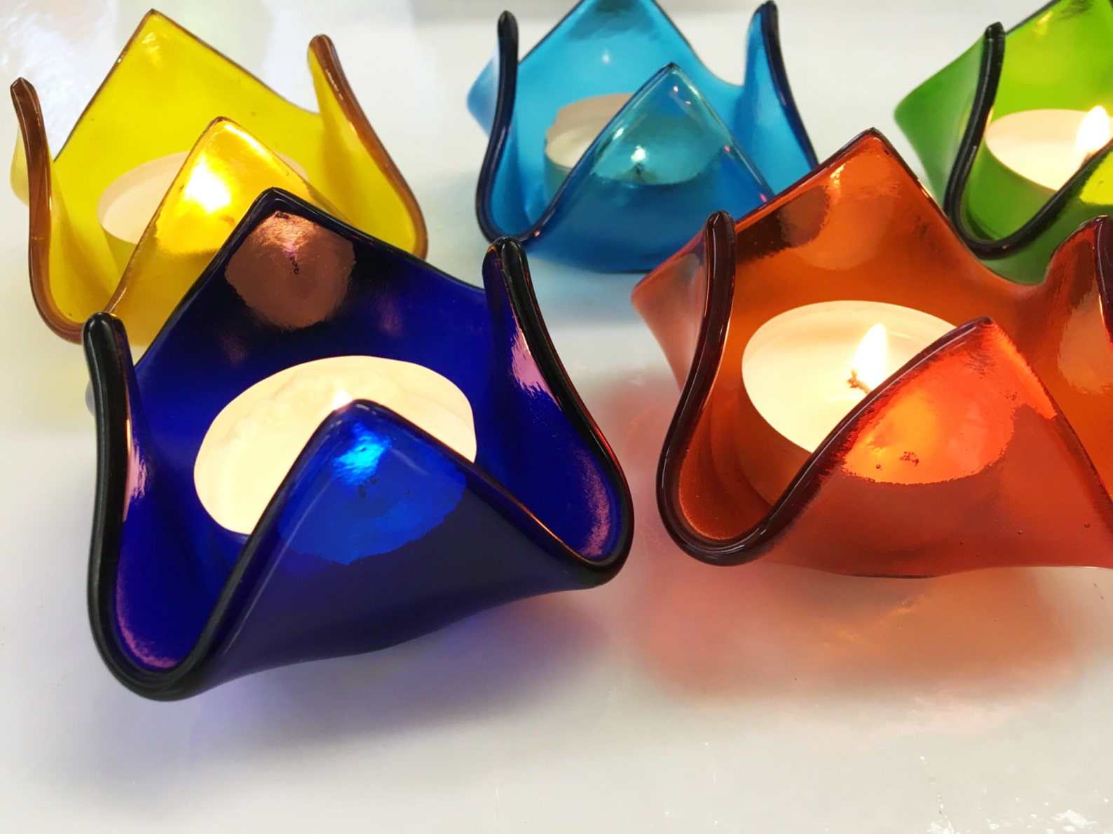 Tea Light Candle Holders Rainbow Fused Glass Set of 7 Chakra Etsy