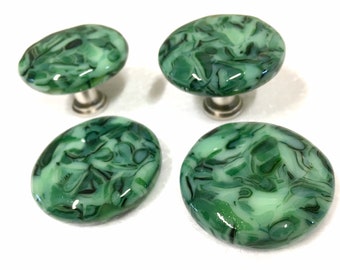 Marbled Forest, Mint & Aventurine Green Fused Art Glass Cabinet Pull or Drawer Knob 1.5"