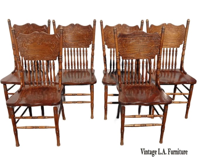 Set of Six Vintage Oak Pressback Dining Room Chairs ~ French Country