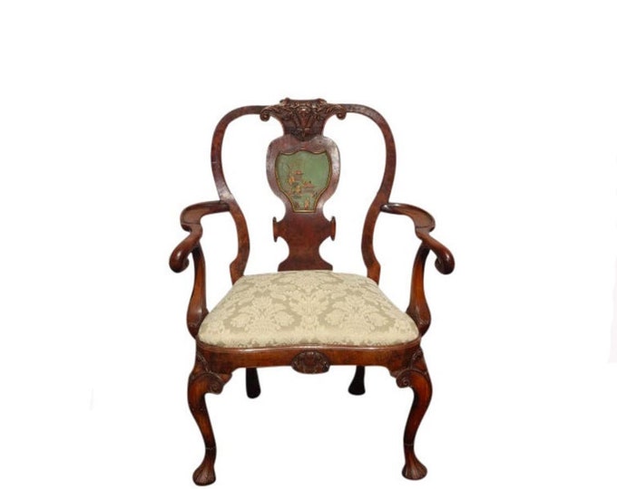 Antique French Country Carved Wood White Accent Chair Queen Anne w Asian Motif