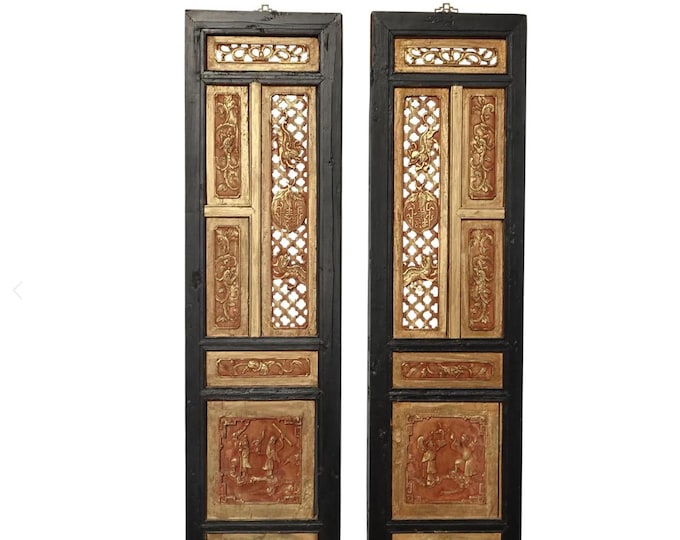 Pair Antique Chinese Hand Carved Gold & Red Panel Screens Pictures Wall Decor