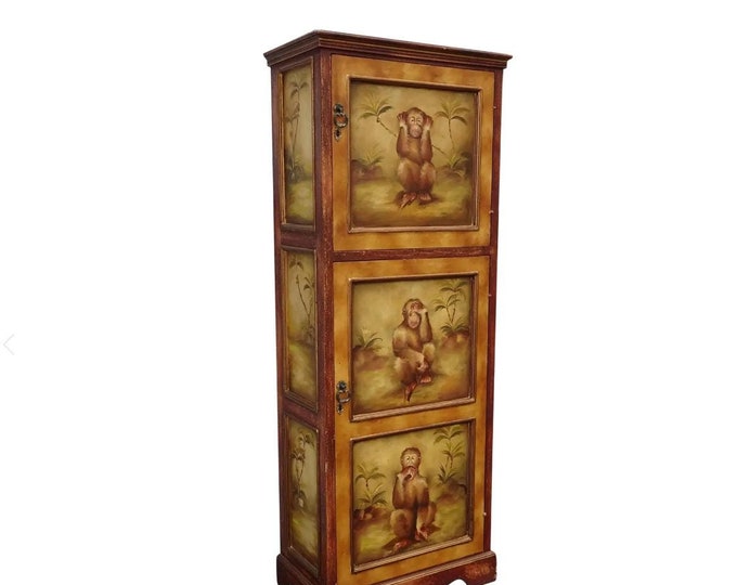 Vintage Maitland Smith Style Hand Painted Cabinet w Monkey See No Evil ~ Hear Speak No Evil
