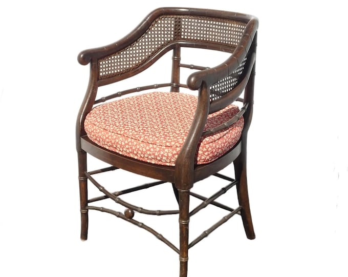 Vintage Polynesian Bamboo Cane Back Barrel Accent Chair w Cane Seat & Cushion