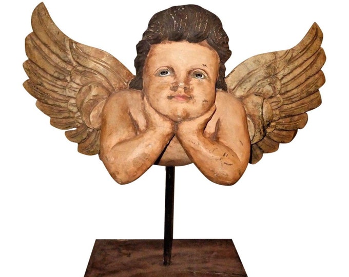 Unique Vintage Hand Carved & Painted decorative floating Cherub / Angel with Wings Figurine with Glass Eyes on Stand