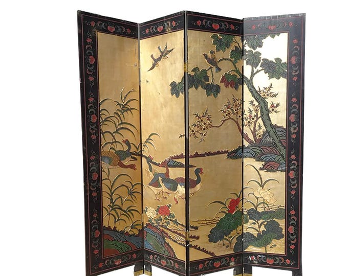Oriental Asian Four Panel Screen Gold Chinoiserie Coromandel Room Divider Geese