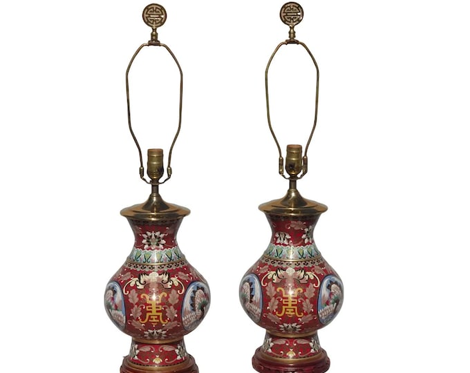 Pair of Vintage Asian Chinoiserie Cloisonne Red Table Lamps