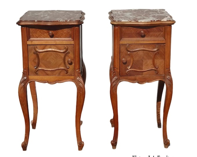Pair of Antique French Provincial Louis XV Nightstands Side Tables W Marble Top