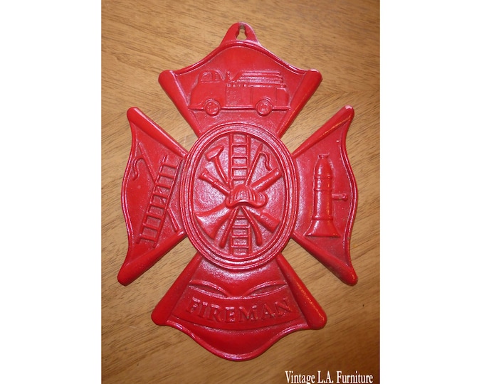Vintage Red Painted Ceramic "Firemen" Wall Plaque ~ Cast Iron