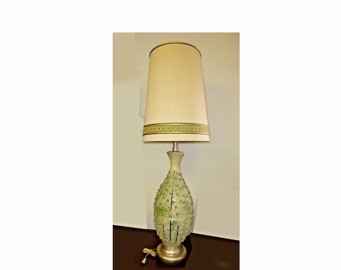 Mid Century Modern Vintage Green Floral Petals Porcelain TABLE LAMP with Shade