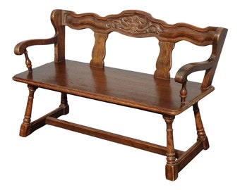 Vintage French Country Farmhouse Brown Oak Two Seater Bench Settee