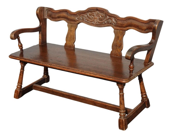 Vintage French Country Farmhouse Oak Wood Two Seater Bench Settee