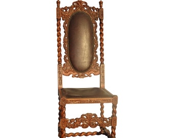 ntique Spanish Style Barley Twist Carved Throne Chair W Leather & Decorative Nails