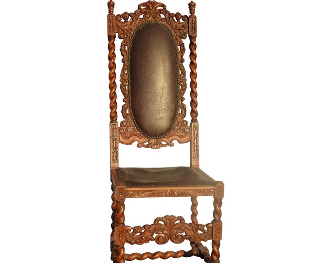 ntique Spanish Style Barley Twist Carved Throne Chair W Leather & Decorative Nails