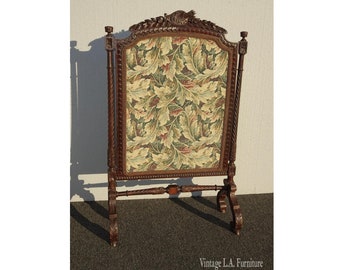 Vintage French Provincial Ornately Carved w Floral Tapestry Fireplace Screen