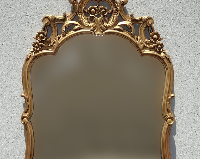 Antique French Provincial Gold Ornate Solid Wood Wall Mantle Mirror