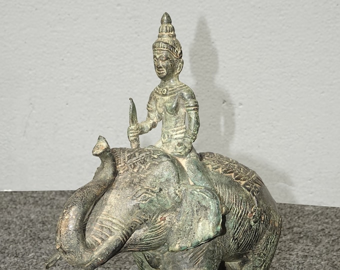 Vintage 1950s Asian Warrior Riding on Elephant Bronze Brass Sculpture Statue