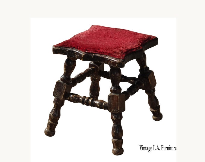 Vintage Rustic Turned Legs Red Farmhouse Stool