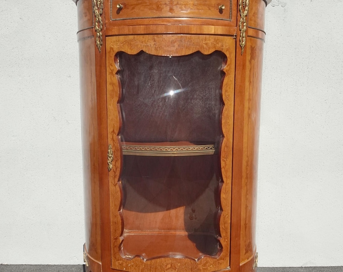 Antique French Louis XV Display Cabinet Vitrine w Marquetry Inlay Brass Accents