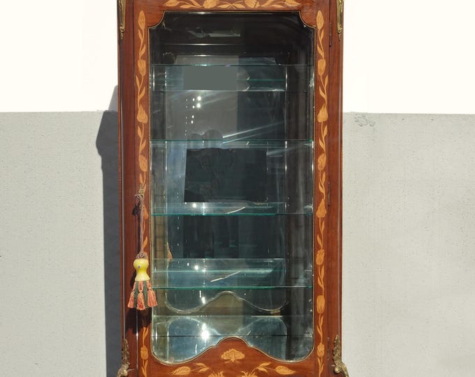Antique French Louis XV Display Cabinet Vitrine w Marble Marquetry Brass Accents