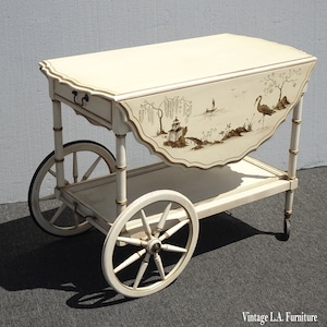 Vintage French Country Serving Cart Table w Hand Painted Drop Leaf by Hekman