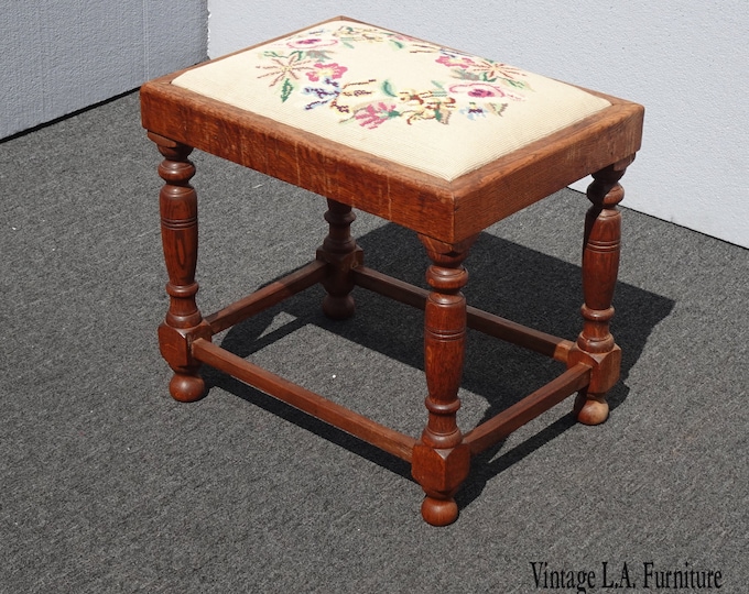 Antique William & Mary Style Needlepoint White Floral Oak Bench Made in England