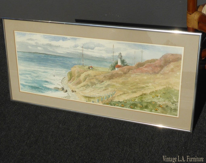 Vintage Florence Strauss Lighthouse & Coastline Water Color Painting Picture