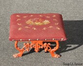 Vintage French Country Footstool w Red Tapestry Red Cast Iron Base