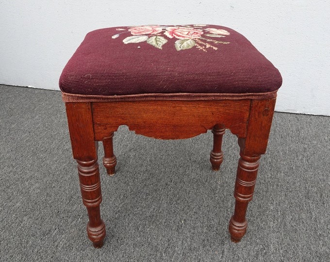 Vintage French Provincial Burgundy Needlepoint Tapestry Bench ~ Foot Stool