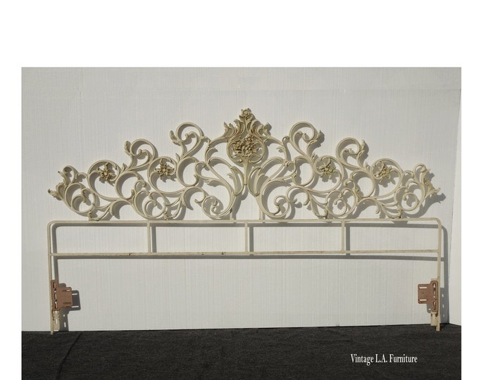 Vintage French Cast Iron King Headboard ~ White Rococo Scrolled
