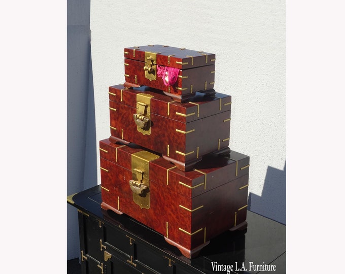 Set of Three Vintage Oriental Asian Jewelry Storage Boxes French Country