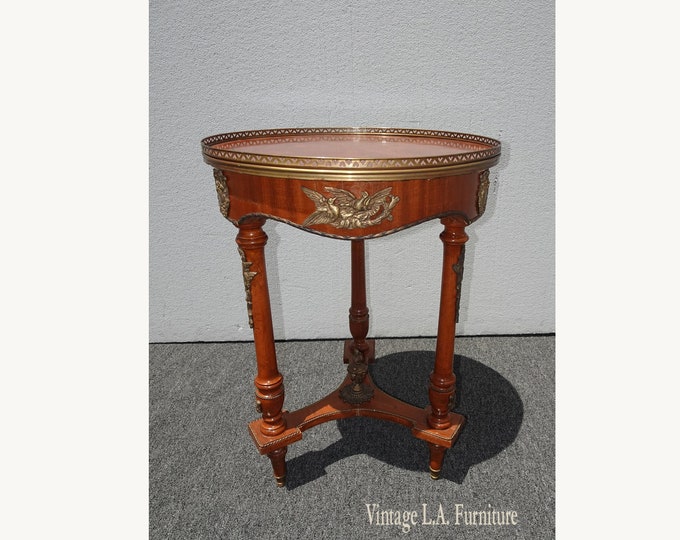 Vintage French Louis XVI Side Table w Brass Ormolu Marquetry Inlay Brass Fencing