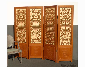 Vintage Oriental Asian Chinese Brown Teak Silk Four Panel Screen Room Divider