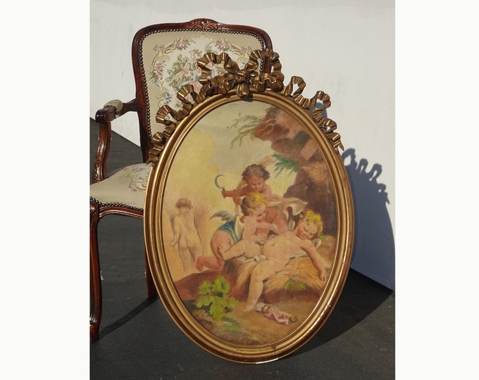 19th Century Oil Painting Picture Amour Moissonneur d apres Francois Boucher