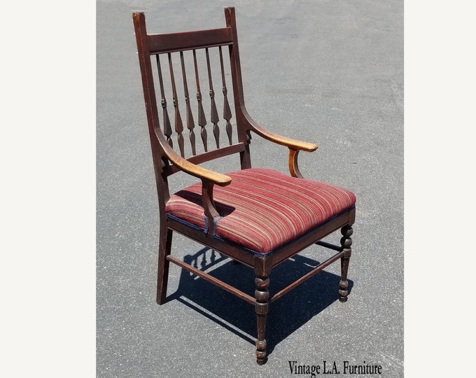 Antique Spanish Revival Burgundy Stripped Accent Red Chair Arrow Spindles Farmhouse Chic