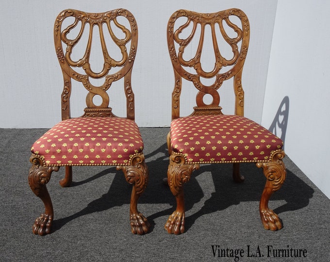 Pair French Louis XVI Style Ornately Carved Side Chairs Claw Feet Gold Bees